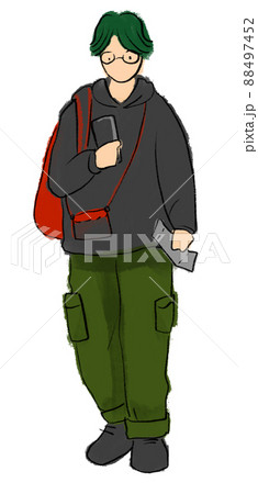 Young man in hoodie with phone at airport cartoon hand drawing illustration 88497452