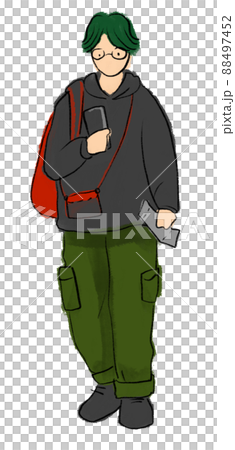 Young man in hoodie with phone at airport cartoon hand drawing illustration 88497452