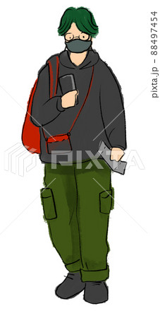 Young man with mask at airport cartoon hand...のイラスト素材 [88497454] - PIXTA