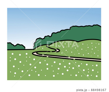白い花が咲く春の丘と樹木 88498167