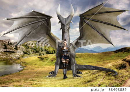 翼を広げた巨大な龍の前に 腕組みをして立つ女戦士 のイラスト素材 4985