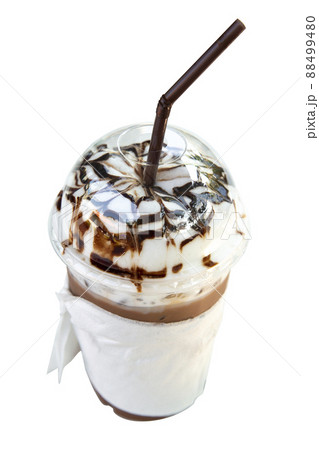 Ice mocha with whipped cream and chocolate sauce topping isolated on white Ice mocha with whipped cream and chocolate sauce topping isolated on white 88499480