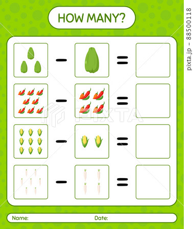 How many counting game with vegetables. worksheet for preschool kids, kids activity sheet, printable worksheet 88500118