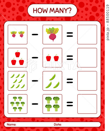 How many counting game with vegetables. worksheet for preschool kids, kids activity sheet, printable worksheet How many counting game with vegetables. worksheet for preschool kids, kids activity sheet, printable worksheet 88500119