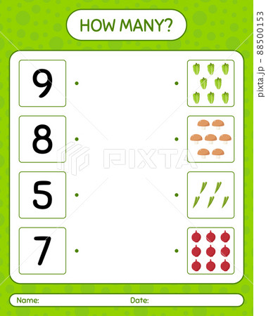 How many counting game with vegetables. worksheet for preschool kids, kids activity sheet, printable worksheet 88500153