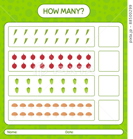 How many counting game with vegetables. worksheet for preschool kids, kids activity sheet, printable worksheet 88500299