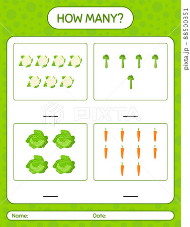 How many counting game with vegetables. worksheet for preschool kids, kids activity sheet, printable worksheet 88500351