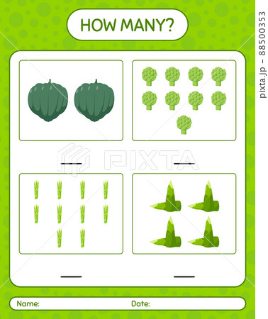 How many counting game with vegetables. worksheet for preschool kids, kids activity sheet, printable worksheet 88500353