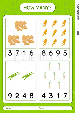 How many counting game with vegetables. worksheet for preschool kids, kids activity sheet, printable worksheet 88500365