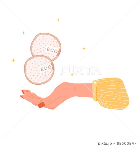 Washable cotton pad in female hand. Organic makeup remover wipe. Eco friendly products for skin care. Zero waste concept. Save the planet. Vector illustration in flat cartoon style 88500847