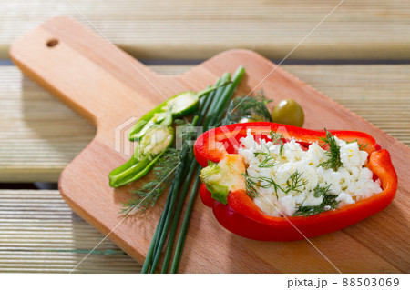 Photography of plate with pepper stuffed with brynza 88503069