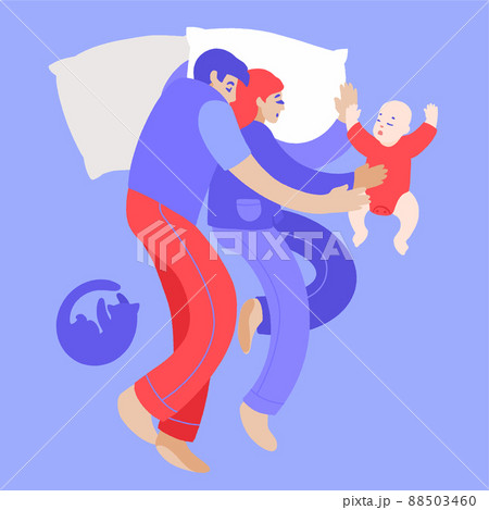 Happy family nap. Mother, father and baby sleeping together on bed top view. Happy family nap. Mother, father and baby sleeping together on bed top view. 88503460