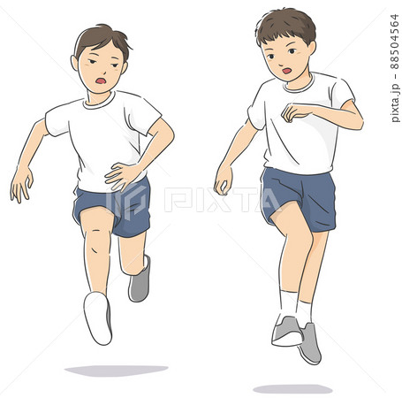 走る2人の少年のシンプルなイラストのイラスト素材