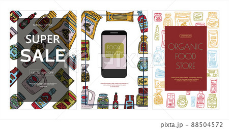 Vector doodle grocery store products. Hand drawn scetch banners. Food and drink. Natural canned, bakery and cereal products. Sale. Delivery.App store Vector doodle grocery store products. Hand drawn scetch banners. Food and drink. Natural canned, bakery and cereal products. Sale. Delivery.App store 88504572