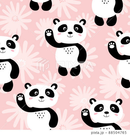 Seamless pattern with cute panda baby on color background. Funny asian animals. Card, postcards for kids. Flat vector illustration for fabric, textile, wallpaper, poster, gift wrapping paper. 88504765