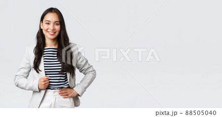Business, finance and employment, female successful entrepreneurs concept. Confident good-looking female office manager, lady in white jacket smiling and looking determined to win case in court Business, finance and employment, female successful entrepreneurs concept. Confident good-looking female office manager, lady in white jacket smiling and looking determined to win case in court 88505040