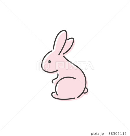 横向きで座っているシンプルなピンクのうさぎの線画イラスト 88505115