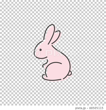 横向きで座っているシンプルなピンクのうさぎの線画イラスト 88505115