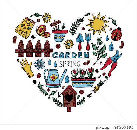 Vector gardening doodle set. Cartoon hand drawn isolated design horticulture elements. Spring set for gardening and floriculture. Sketch of a nerd hobby icon 88505190