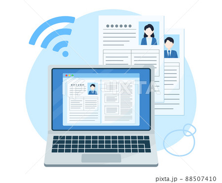 履歴書をノートパソコンで作成, 提出するイラスト. オンラインでのリクルート活動. 人事の採用選考. 履歴書をノートパソコンで作成, 提出するイラスト. オンラインでのリクルート活動. 人事の採用選考. 88507410
