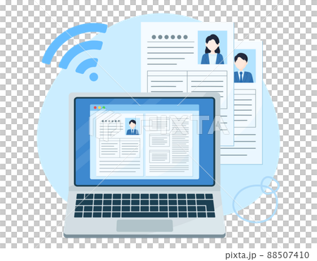 履歴書をノートパソコンで作成, 提出するイラスト. オンラインでのリクルート活動. 人事の採用選考. 履歴書をノートパソコンで作成, 提出するイラスト. オンラインでのリクルート活動. 人事の採用選考. 88507410