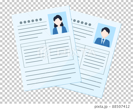 履歴書やエントリーシートのイラスト. 男女それぞれの書類. リクルート活動のコンセプトデザイン. 88507412