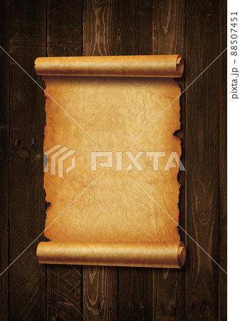 Old mediaeval paper sheet. Parchment scroll on a wood board 88507451