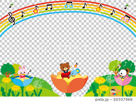 フレーム 音楽 花 誕生日 春 動物 子供 幼稚園 保育園 ピアノ 音符 音 虹 パーティー お祝いのイラスト素材