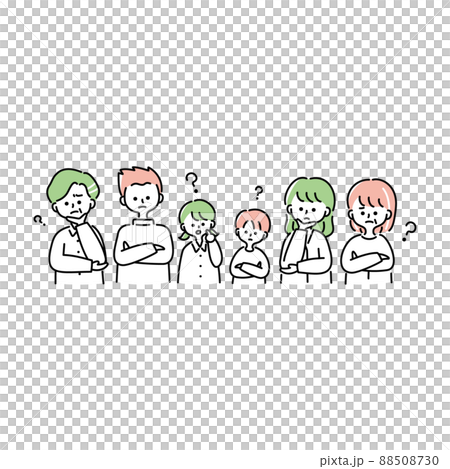 Illustration of the upper body of a three-generation family thinking Illustration of the upper body of a three-generation family thinking 88508730
