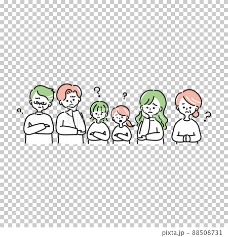 Illustration of the upper body of a three-generation family thinking Illustration of the upper body of a three-generation family thinking 88508731