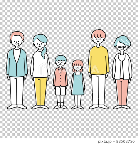 Illustration of a three-generation family standing facing the front Illustration of a three-generation family standing facing the front 88508750