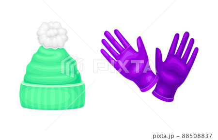 Knitted hat with pompon and gloves. Warm autumn and winter accessories cartoon vector illustration Knitted hat with pompon and gloves. Warm autumn and winter accessories cartoon vector illustration 88508837