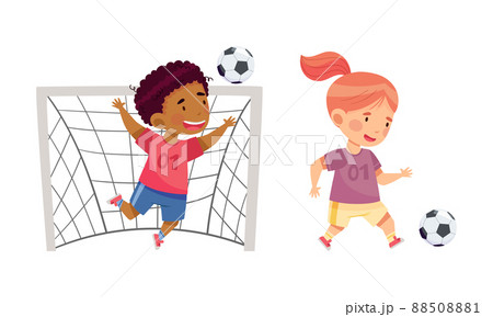 Kids playing soccer. Cute girl and boy running and kicking ball cartoon vector illustration Kids playing soccer. Cute girl and boy running and kicking ball cartoon vector illustration 88508881