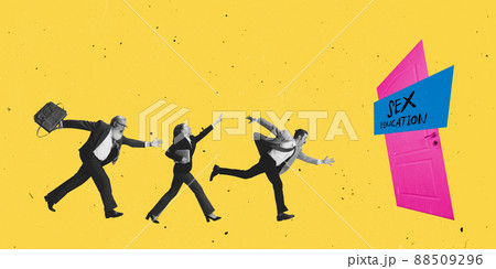 Contemporary art collage. People running to the lecture about sex education isolated over yellow background Contemporary art collage. People running to the lecture about sex education isolated over yellow background 88509296