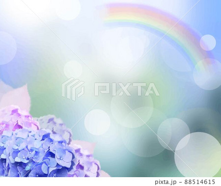 淡い虹と美しい薄紫色と薄いピンクのあじさいのおしゃれで幻想的なボケの背景素材 88514615