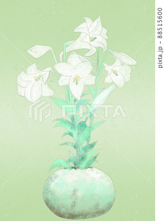 たまご型の花器に生けた白百合（テッポウユリ、イースターリリー）の和風イラストペールグリーン系 88515600