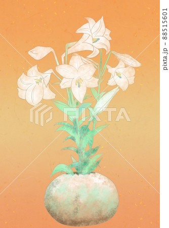 たまご型の花器に生けた白百合(テッポウユリ、イースターリリー)の和風イラストオレンジ系 たまご型の花器に生けた白百合(テッポウユリ、イースターリリー)の和風イラストオレンジ系 88515601