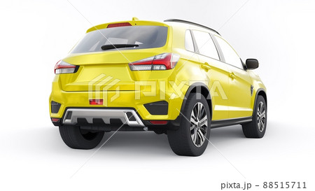 Yellow compact urban SUV on a white uniform background with a blank body for your design. 3d rendering. Yellow compact urban SUV on a white uniform background with a blank body for your design. 3d rendering. 88515711