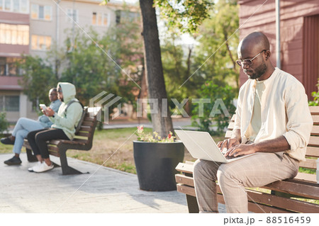 Concentrated young Black man in eyeglasses sitting on bench and working with laptop outdoors 88516459