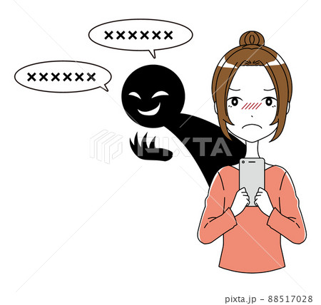 スマホを持った怒っている女性と黒い人影の誹謗中傷のイメージのイラストのイラスト素材