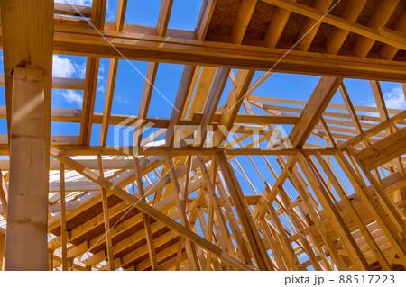 New house construction with wooden beams the ceiling and wall New house construction with wooden beams the ceiling and wall 88517223