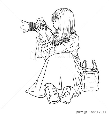 一眼レフカメラで写真を撮るロングヘアの女性のイラスト素材