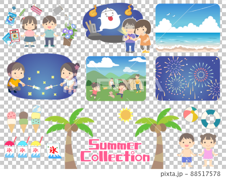 Illustration set for elementary school students' summer vacation, homework, liver test, sea bathing, handheld fireworks, camp, launch fireworks 88517578