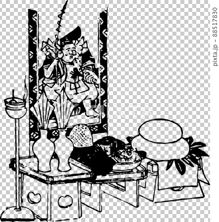 Kagami mochi and lucky charms offered to Ebisu's hanging scroll 88517830