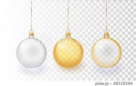 Vector Realistic 3d Christmas Glossy Glass Ball, Mock-up Set Closeup Isolated on Transparency Grid Background. Design Template of Xmas and New Year Tree Toy Decoration Ball for Mockup 88520394