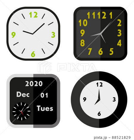 Collection of wall clocks with Arabic numerals in dark colors. Flat style. Isolated on white background. Vector 88521829