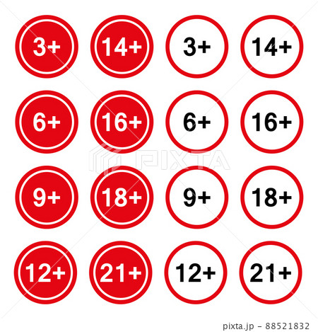Set of age restriction badges, 3 , 6 , 9 , 12 , 14 , 16 , 18 , 21 . Isolated on a white background. Flat style. Vector 88521832