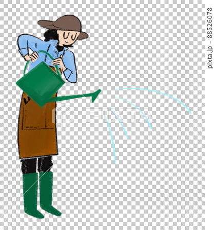 Illustration of a woman holding a watering can and sprinkling water 88526078
