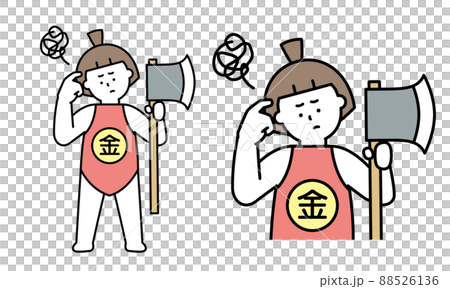 頭を指でかいて悩んでいるマサカリを持った昔話の金太郎(子供)のイラスト素材。 88526136