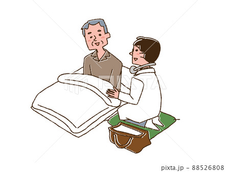 訪問医療を受ける高齢男性　コミカルな手書きの人物　ベクター、線画にカラー 88526808